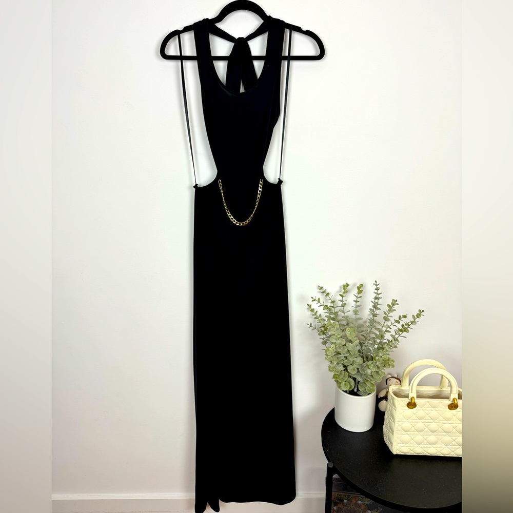 BCBG Black Prom Dress with Gold Chain Detail